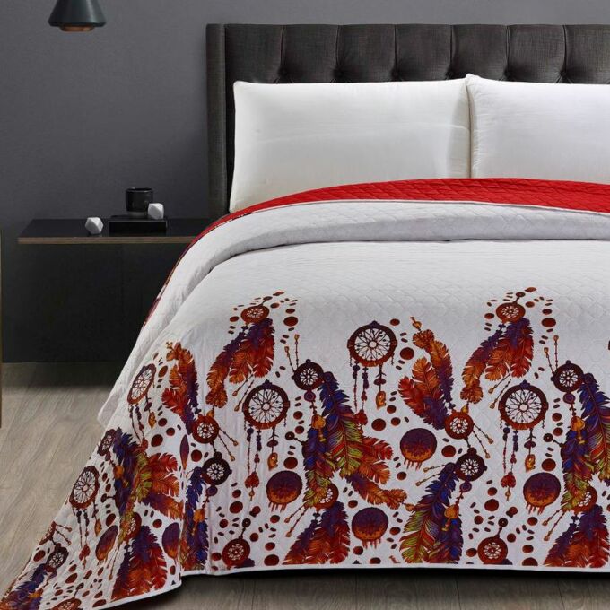 Boho ágytakaró - 170*210 cm - piros-fehér, kétoldalas