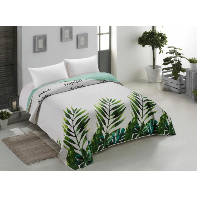 Makia ágytakaró - 240*260 cm - zöld-törtfehér-leveles, kétoldalas